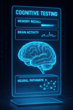 Futuristic interface demonstrating cognitive testing brain activity and neural pathways in a glowing digital display