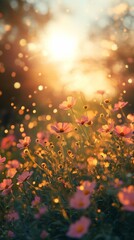 Cosmos Flowers Blooming in Golden Sunlight on a Meadow