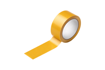 Yellow adhesive tape roll with partially unrolled strip showing sticky surface and core, isolated on a transparent background