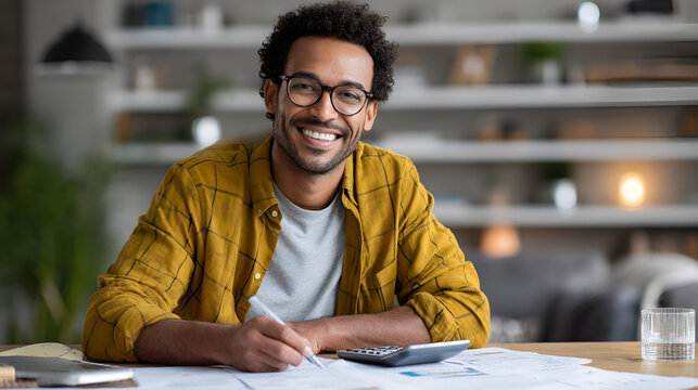 Smiling man with glasses works on finances at a desk, reviewing documents and using a calculator, looking directly at the camera.