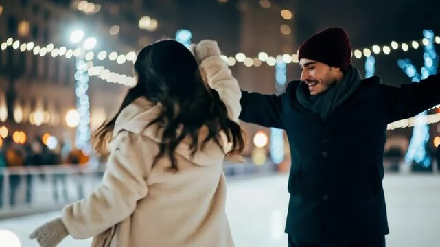 Festive Glide: A Couple&rsquo;s Winter Night Out. This image captures a joyful and romantic moment of a couple ice skating at an outdoor rink during the winter season. 