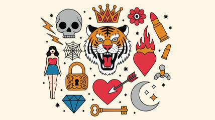 Fototapeta premium Assorted Tattoo Flash Sheet Tiger, Skull, Crown, Heart, Moon, Diamond, and More!