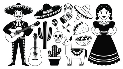 Black and White Festive Mexican Culture Illustration with Mariachi, Sombrero, and Folklorico Dancer