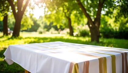 Outdoor picnic table, sunlight through trees