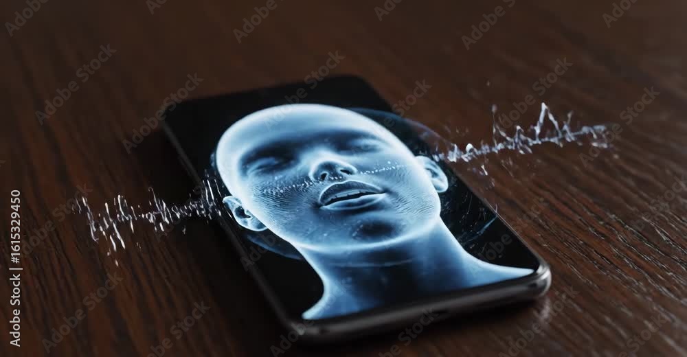 Aufkleber a robotic assistant emerges from a smartphone in a quiet, futuristic environment, illustrating the s