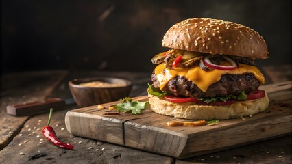 Juicy gourmet cheeseburger with melted cheddar cheese and fresh toppings on a rustic wooden board