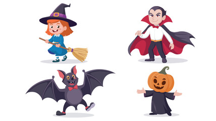 Cartoon Halloween Characters Witch, Vampire, Bat, and Pumpkin Head in Costume Posing Together