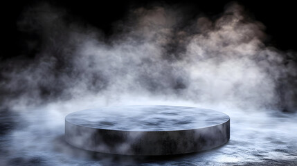 Dark, smoky, circular podium.  Foggy,  sleek,  minimalist presentation platform
