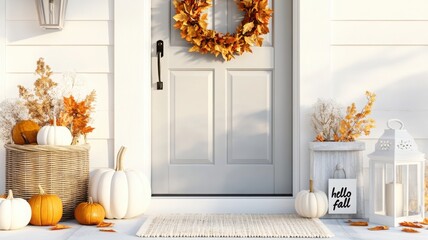 Symmetrical fall decor adorns neutral farmhouse door with wreath, pumpkins, and woven basket creating a welcoming autumn vignette