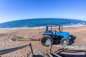 Beach Boat Launching Tractor Blue Ocean Horizon Blue Landscape