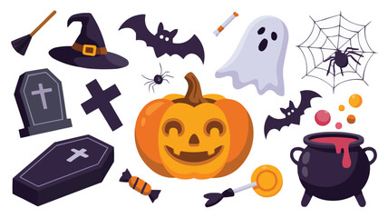 Fototapeta premium Cartoon Halloween Illustration Featuring Pumpkin, Bat, Spider, Cauldron, Tombstone, Ghost and Other Elements