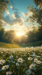 Obraz premium Daisies Blooming in Meadow at Sunset with Trees and Sky