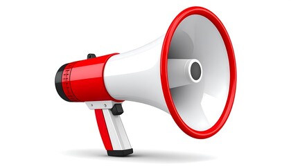 Red and white megaphone for communication and announcement on clear background