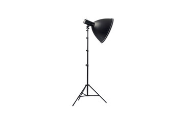 Black photography studio light with large reflector dish mounted on adjustable tripod stand, isolated on a transparent background