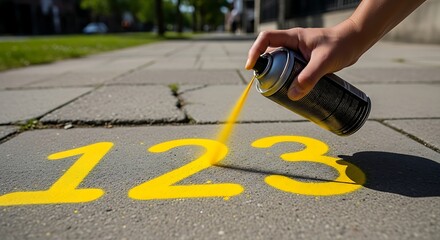 A hand sprays yellow paint forming the number 123 on a paved street artfully