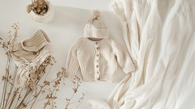 Minimalist display of eco-friendly baby clothes made from recycled materials, soft neutral tones, natural light, delicate fabric details, realistic style, calm atmosphere.