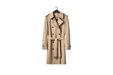 Naklejka premium Sophisticated khaki trench coat with woven belt and classic styling hanging on black hanger, isolated on a transparent background
