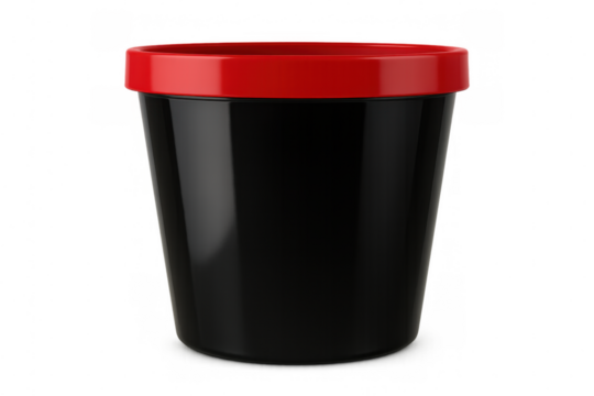 Black plastic container featuring a vibrant red lid, isolated on a transparent background, ideal for packaging and storage concepts