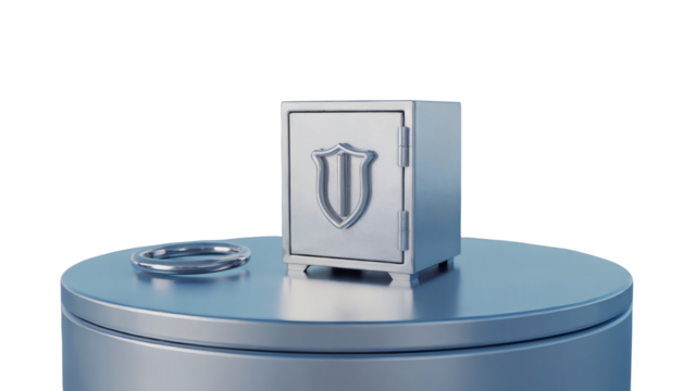 Secure your valuables with this sleek, modern silver safe featuring a shield emblem and a ring.