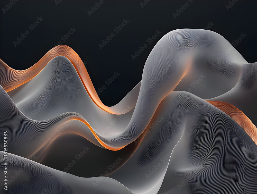 Poster abstract 3d shapes, flowing forms in shades of gray and amber, creating a dynamic, textured landscap