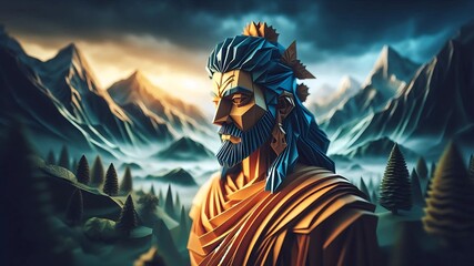 Polygonal Futuristic Lord Rama in Stylized Himalayan Landscape – Conceptual Indian Mythology Art