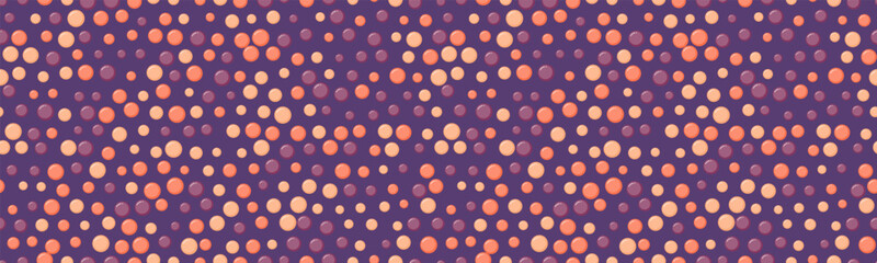 Abstract seamless pattern of scattered circles in soft peach, mauve, and purple hues on a deep purple background.  Perfect for textile design, website backgrounds, or vibrant packaging.