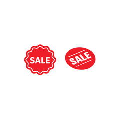 Two Red Sale Stickers Against a White Background.Two simple, red sale stickers, one with a starburst design and the other oval, against a plain white background.