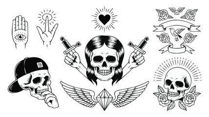 Collection of Vintage Tattoo Flash Art Skulls, Hands, Roses, Banners and Wings