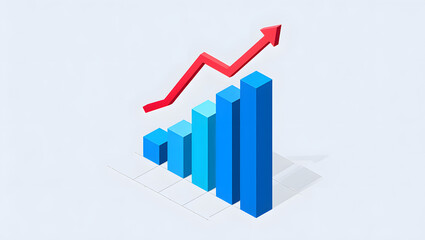 3d isometric bar chart showing upward trend with red arrow