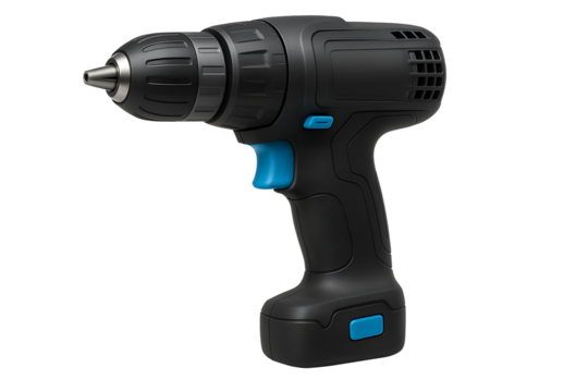 Black cordless drill with blue accents isolated on transparent background - Powered by Adobe