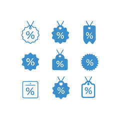 Collection of Blue Discount Percentage Icons.This image showcases a set of various blue discount percentage icons, including circular, rectangular, and star-shaped tags.