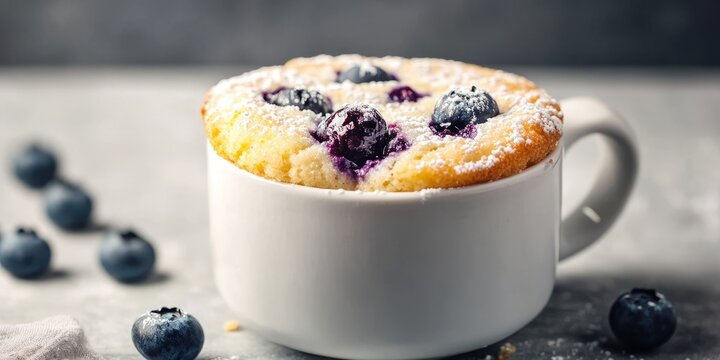 A fresh blueberry muffin, baked to perfection in a white mug, offers a delightful treat, with ripe, juicy blueberries sprinkled across the top and dusted with powdered sugar.