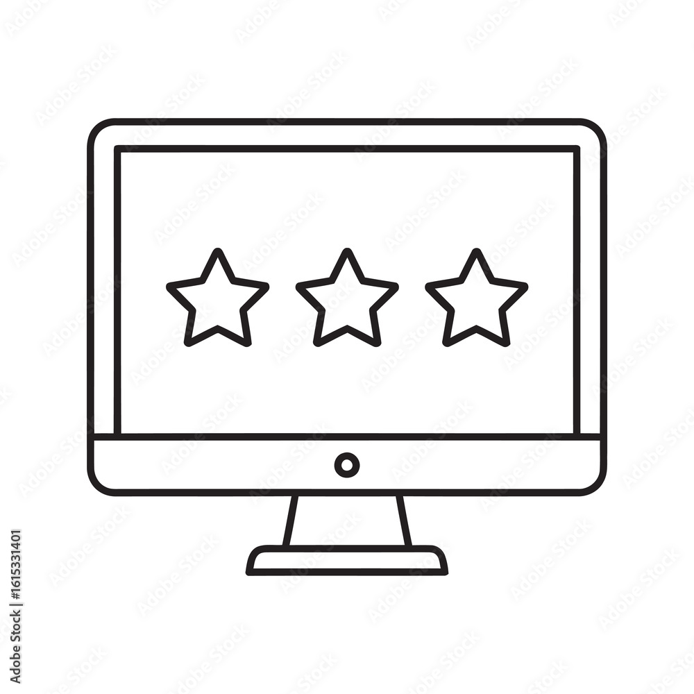 Poster line icon of a computer monitor displaying a three star rating representing online customer feedback