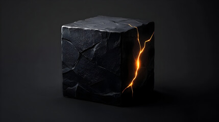 A dark, rough-textured cube of stone, revealing a glowing fissure within