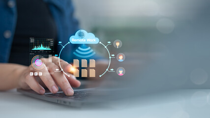 Close-up of person typing on laptop with remote work cloud interface, file sharing, team avatars, and data dashboard, showing concept of online collaboration and digital