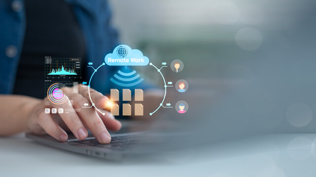 Close-up of person typing on laptop with remote work cloud interface, file sharing, team avatars, and data dashboard, showing concept of online collaboration and digital