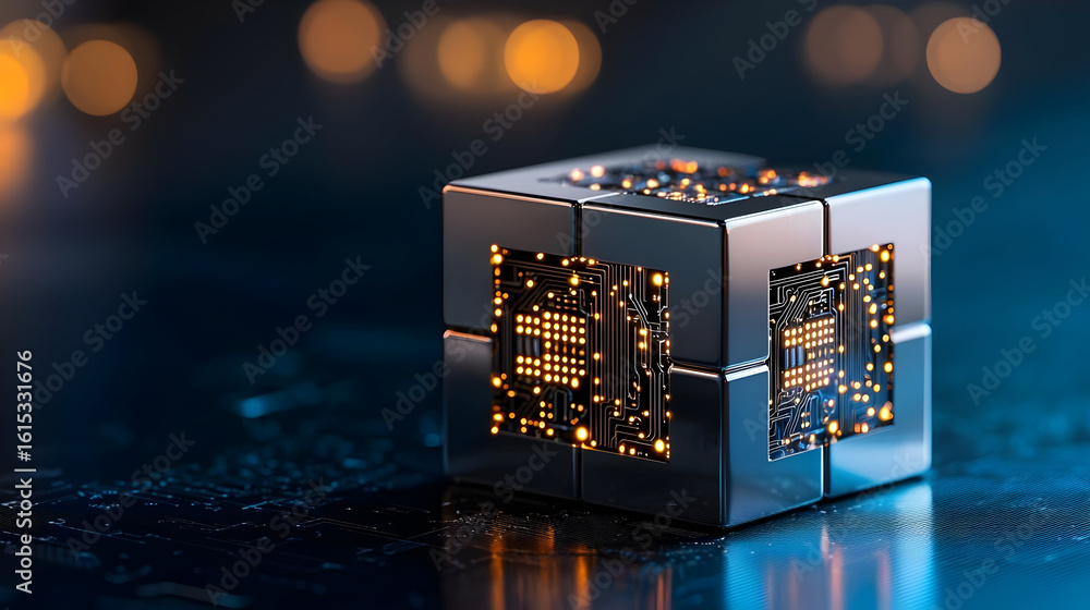 Poster metallic cube with glowing circuit board. advanced technology. futuristic design
