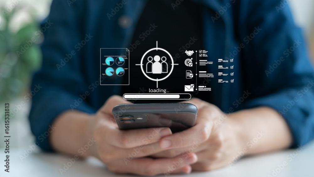 Poster close-up of person using smartphone with digital loading bar, target audience icon, and customer dat