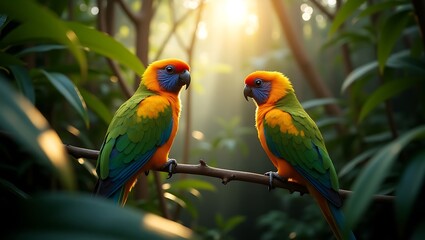 Sun-Filled Rainforest Canopy with Exotic Parrots in Flight