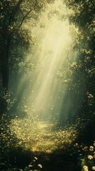 Walking Path Through Enchanted Forest with Light Beams