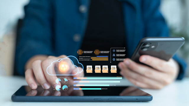 A person using a tablet and smartphone with a secure cloud interface, file storage icons, and an analytics dashboard, illustrating the concept of data protection and cloud computing technology.