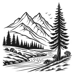 Mountain landscape with river pine trees and birds outdoor nature scenery black and white illustration drawing