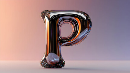 Metallic balloon letter P against a soft gradient background.  3D rendered,  letter form,  glossy,  modern,  uppercase,  design element