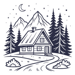Obraz premium Cozy Cabin in the Woods Night Scene with Mountains Pine Trees Moon and Stars Rustic Landscape Illustration