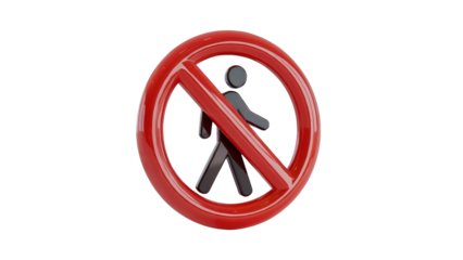Clear prohibition symbol with stylized pedestrian figure conveys restricted access and no entry zones