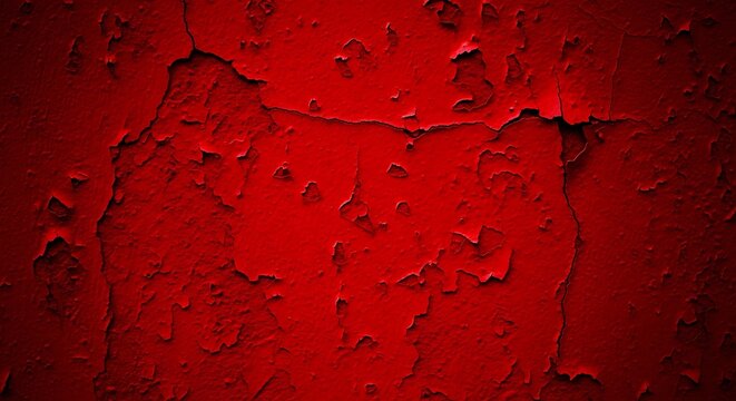 Abstract red painted wall texture featuring cracked and peeling layers of paint