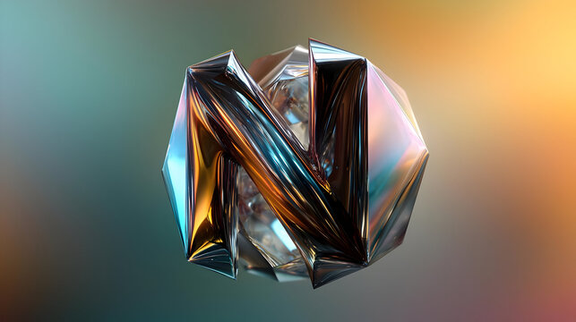 Abstract letter N design, metallic and vibrant colours, polygonal form, 3D render