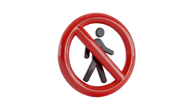 Clear prohibition symbol with stylized pedestrian figure conveys restricted access and no entry zones