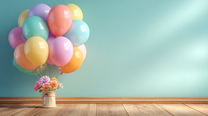 Festive birthday table with colorful balloons on one side and blank pastel wall on the other, ideal celebration setup with bright decorations and empty space for text. 