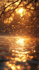 Golden Hour Sunlight Reflecting on Rippling Water with Tree Branches